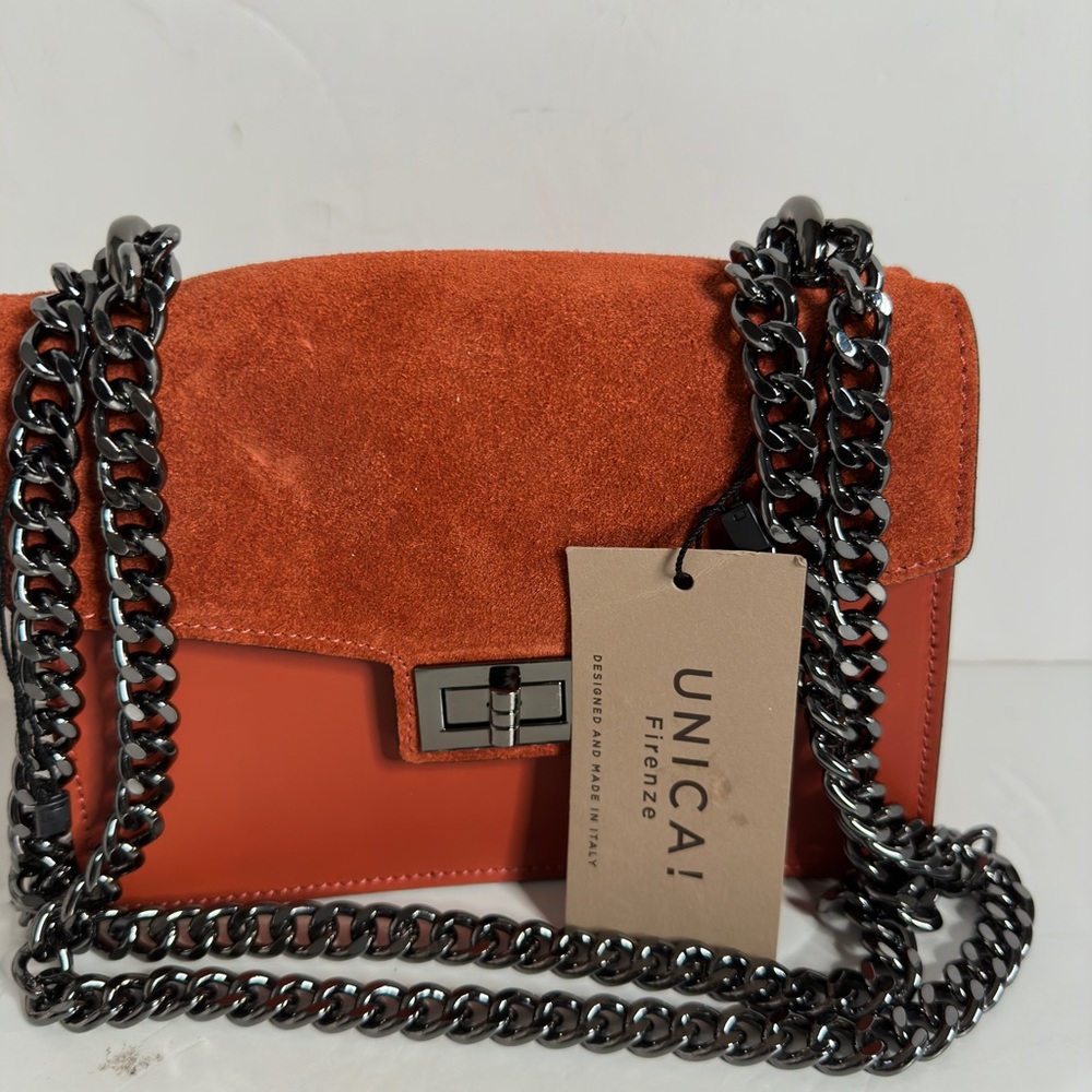 NWT Unica Firenze Papaya Italian Suede Sliding Chain Crossbody